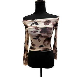 NWT BROWN FLORAL MESH LONG SLEEVE BARDOT TOP